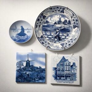 Collection of Vintage Blue and White Ceramic Dutch Ceramic Accessories